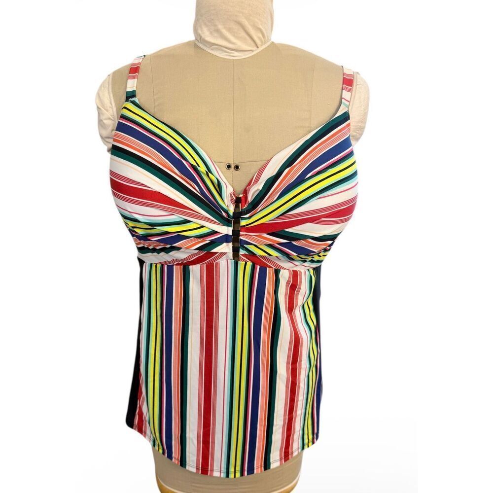 Cacique Multi Stripe Tankini Top Plus 46DD Boho Full Coverage Built In Bra